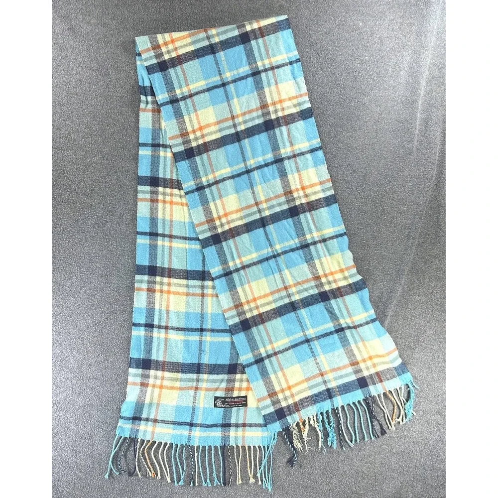 Vintage Preppy Plaid Scarf OS 100% Cashmere Heritage Classic Blue Orange